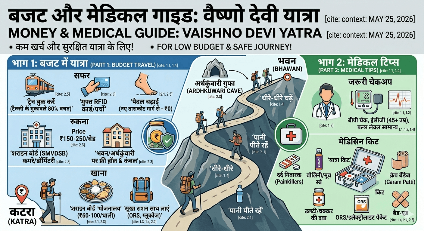 बजट में वैष्णो देवी यात्रा: रहने, खाने और सफर में पैसे कैसे बचाएं + मेडिकल टिप्स और जरूरी दवाइयां