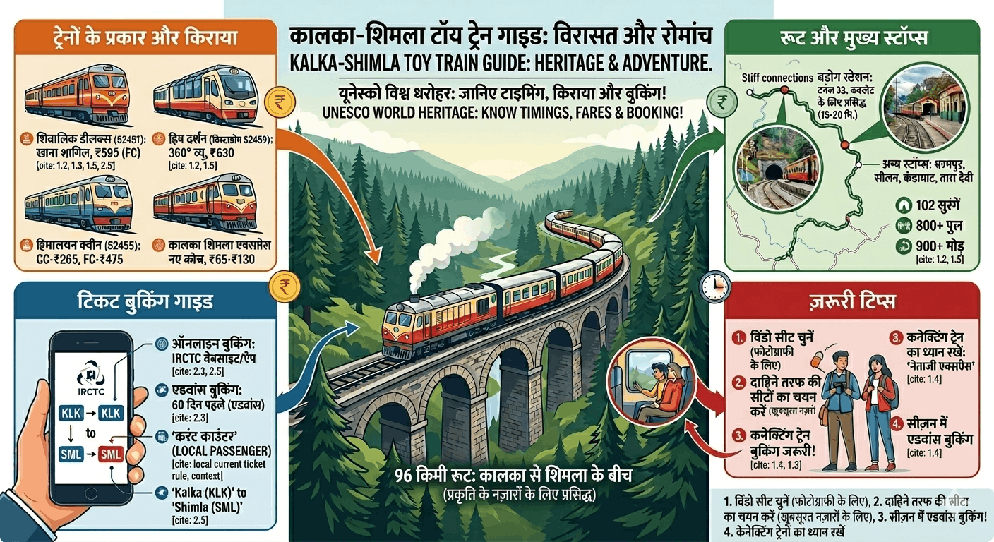 कालका-शिमला टॉय ट्रेन गाइड 2026: जानिए सभी ट्रेनों के नाम, टाइमिंग, किराया और टिकट बुकिंग का तरीका