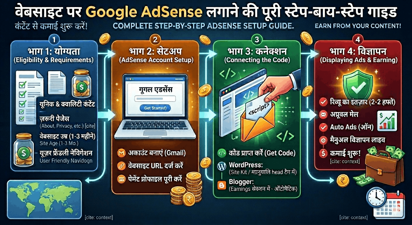 वेबसाइट पर Google AdSense कैसे लगाएं: शुरुआत से कमाई करने तक की पूरी स्टेप-बाय-स्टेप गाइड